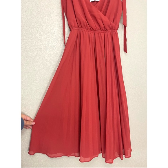 Ali & Jay The Left Bank Pleated Midi Dress XS Rust Tie Sleeve Chiffon - Picture 6 of 11